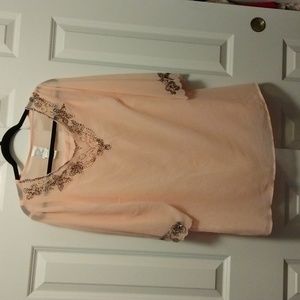 Vintage Pink Sheer Top with attached lining. Beaded neckline and sleeve edges.